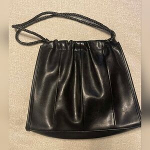 Vintage Black Faux Leather Drawstring Shoulder Bag w/ Braided Strap